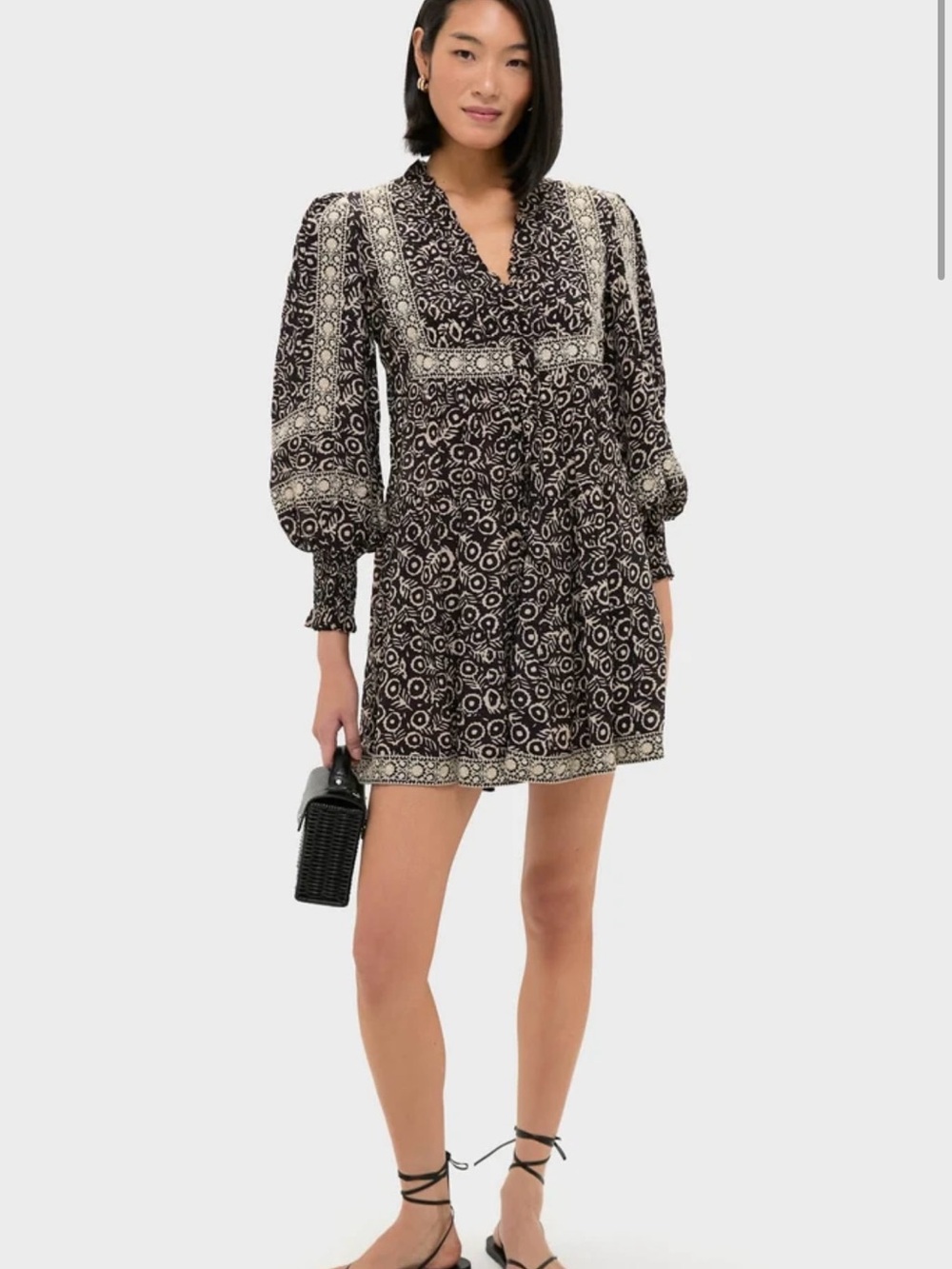 Sea New York Black and Cream Printed V-Neck Smocked Cuff Mini Dress